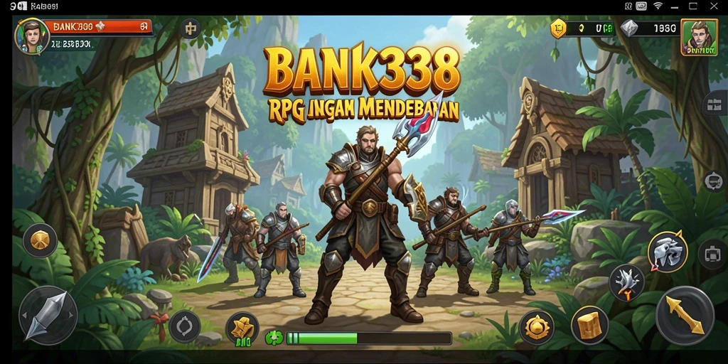 Tangkapan layar utama BANK338 menampilkan pertarungan epik dalam dunia RPG.