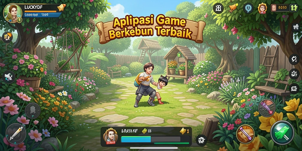 Screenshot gameplay <strong>LUCKYDF</strong> menampilkan pertanian yang subur dan berbagai aktivitas berkebun.