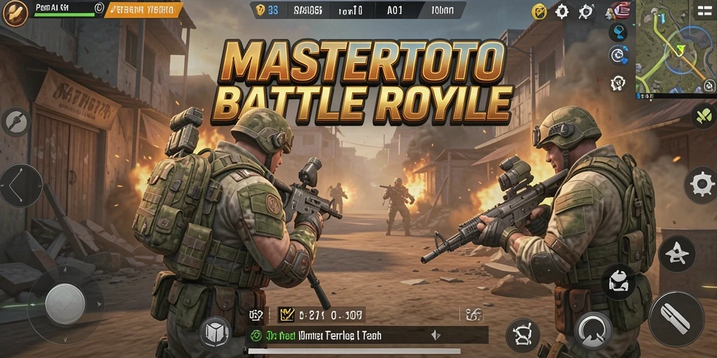 Screenshot gameplay MASTERTOTO menampilkan aksi seru dalam pertempuran Battle Royale.