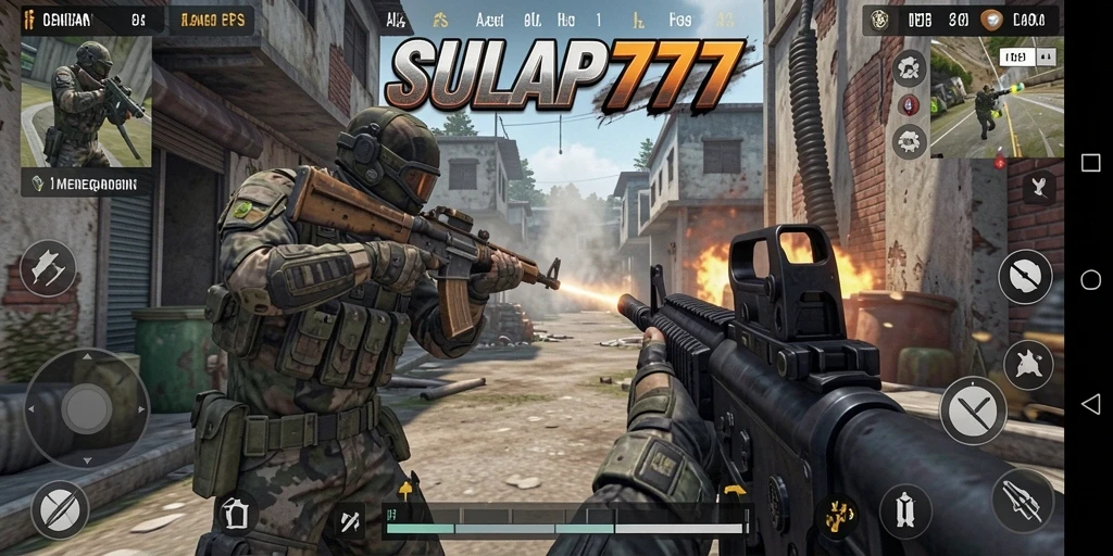 Tampilan aksi mendebarkan di dalam permainan FPS SULAP777.