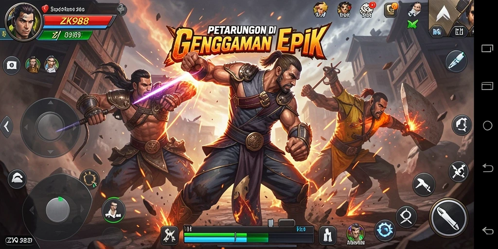Tampilan gameplay mendebarkan ZK988 saat karakter bertarung sengit di arena.